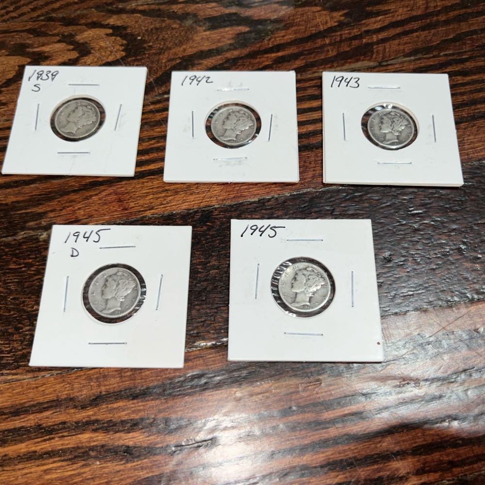 Mercury dimes Vintage Coin Collection w/Holder Year- 1939S,1942,1943,1945D,1945